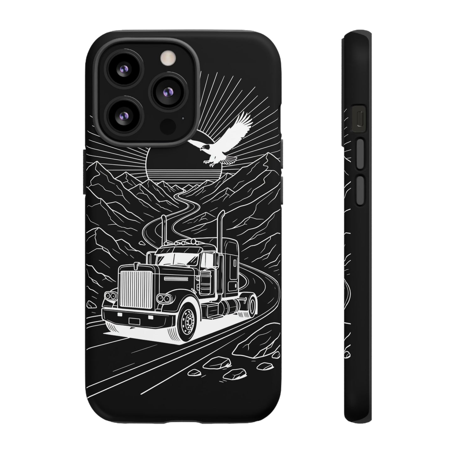 Trucker Highway Phone Case | Eagle & Mountain Line Art | Black Western Tough Case