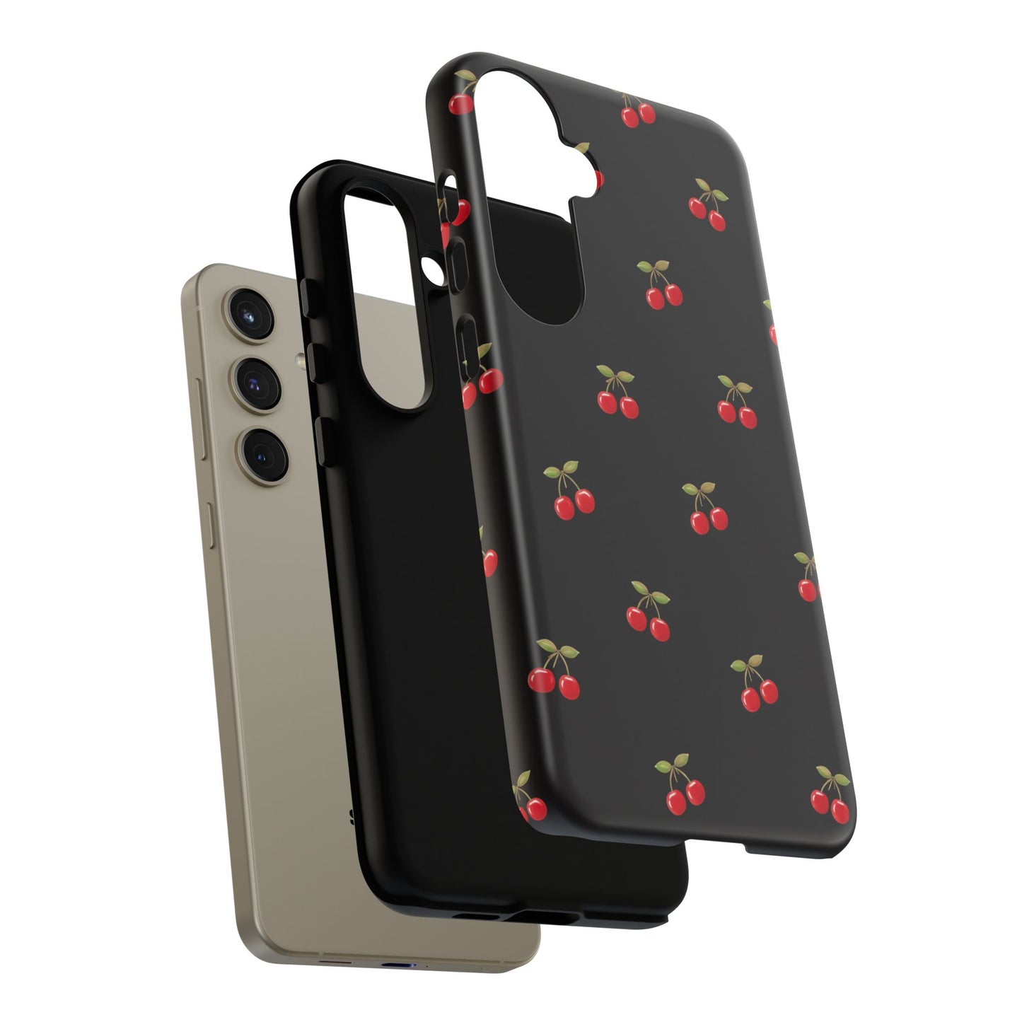 Cherry Pattern Phone Case — Slim Black Protective iPhone Case with Red Cherries for Iphone, Samsung Galaxy and Pixel