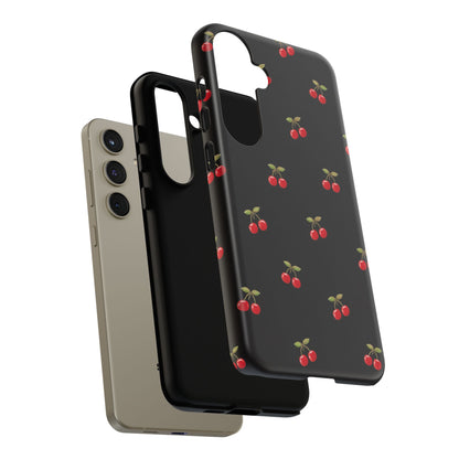 Cherry Pattern Phone Case — Slim Black Protective iPhone Case with Red Cherries for Iphone, Samsung Galaxy and Pixel