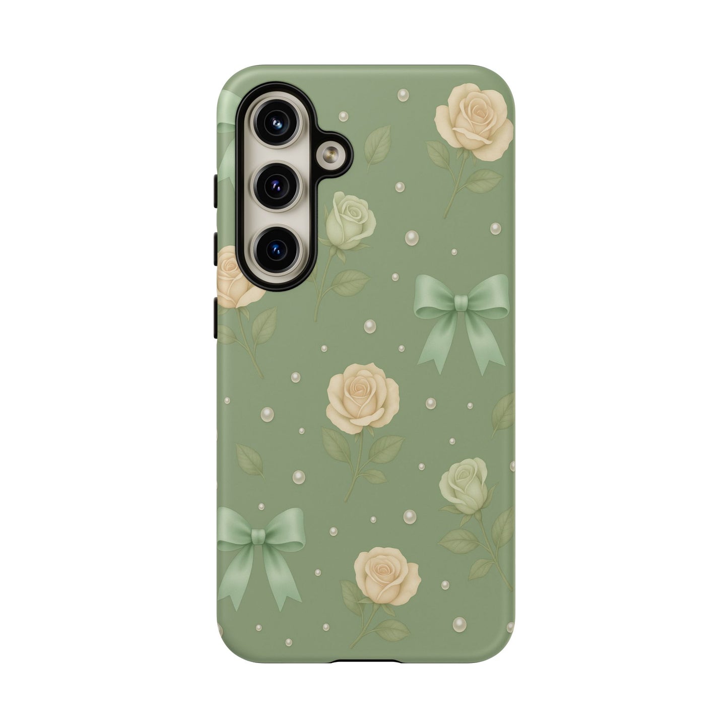 Vintage Rose Bow Phone Case – Sage Green Floral Coquette Aesthetic Tough Case (iPhone, Samsung, Pixel)