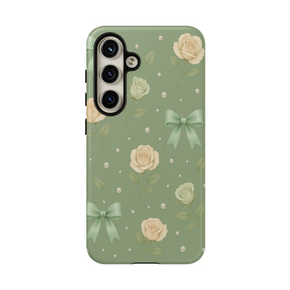 Vintage Rose Bow Phone Case – Sage Green Floral Coquette Aesthetic Tough Case (iPhone, Samsung, Pixel)