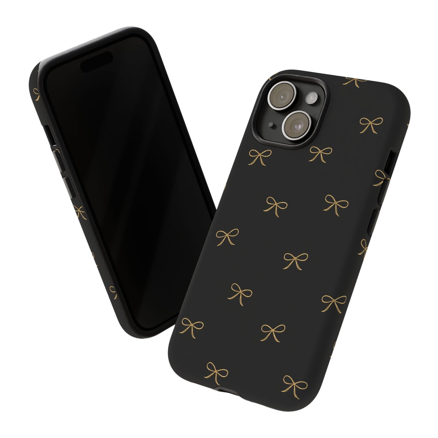 Black Phone Case with Gold Bow Pattern – Slim Protective Cute Aesthetic Cover for Iphone, Samsung Galaxy and Pixel