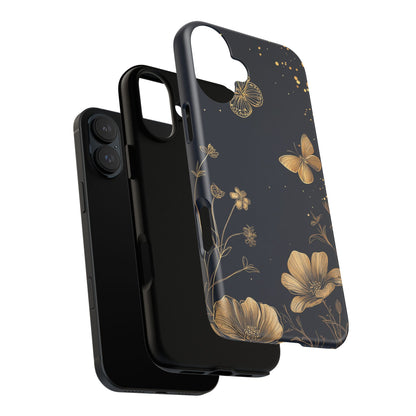 Gold Floral Butterfly Phone Case, Dark Aesthetic Botanical, Elegant Black Luxury iPhone Samsung Cover