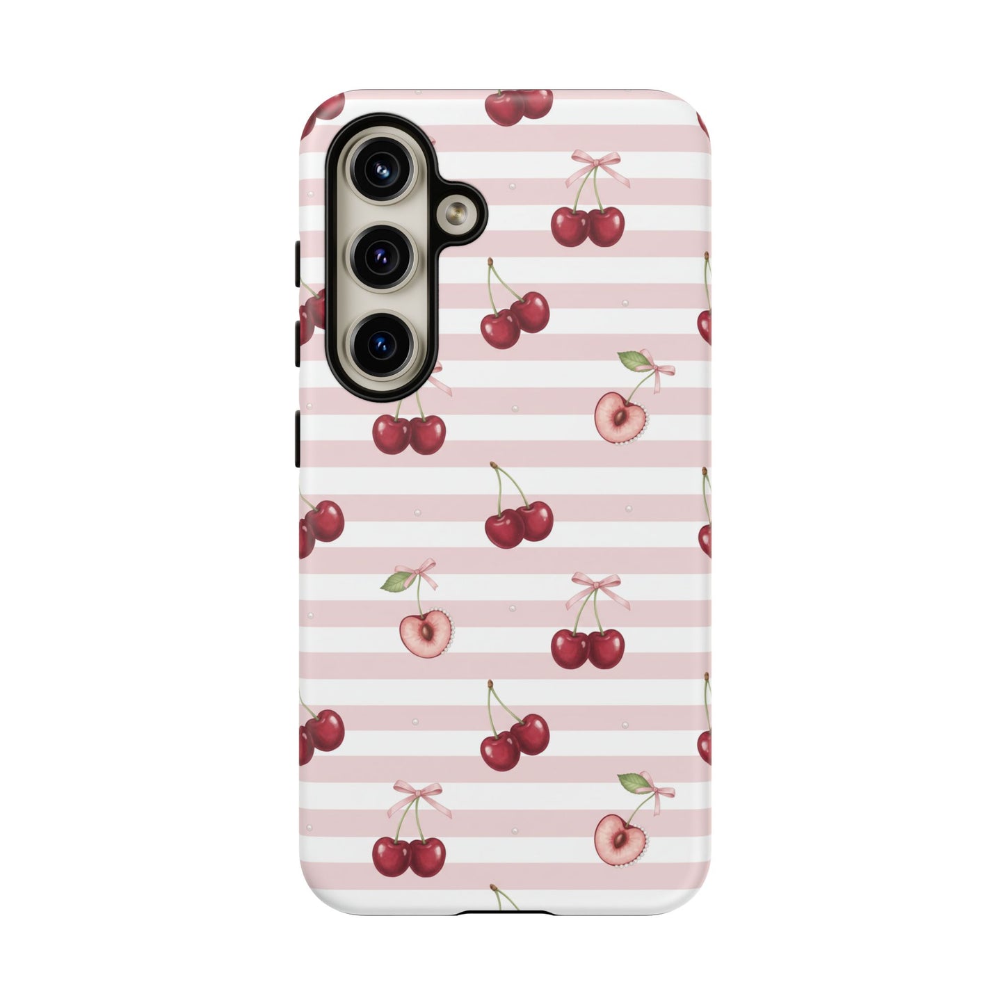 Pink Cherry Stripe Phone Case | Cute Coquette Aesthetic Protective Tough Case