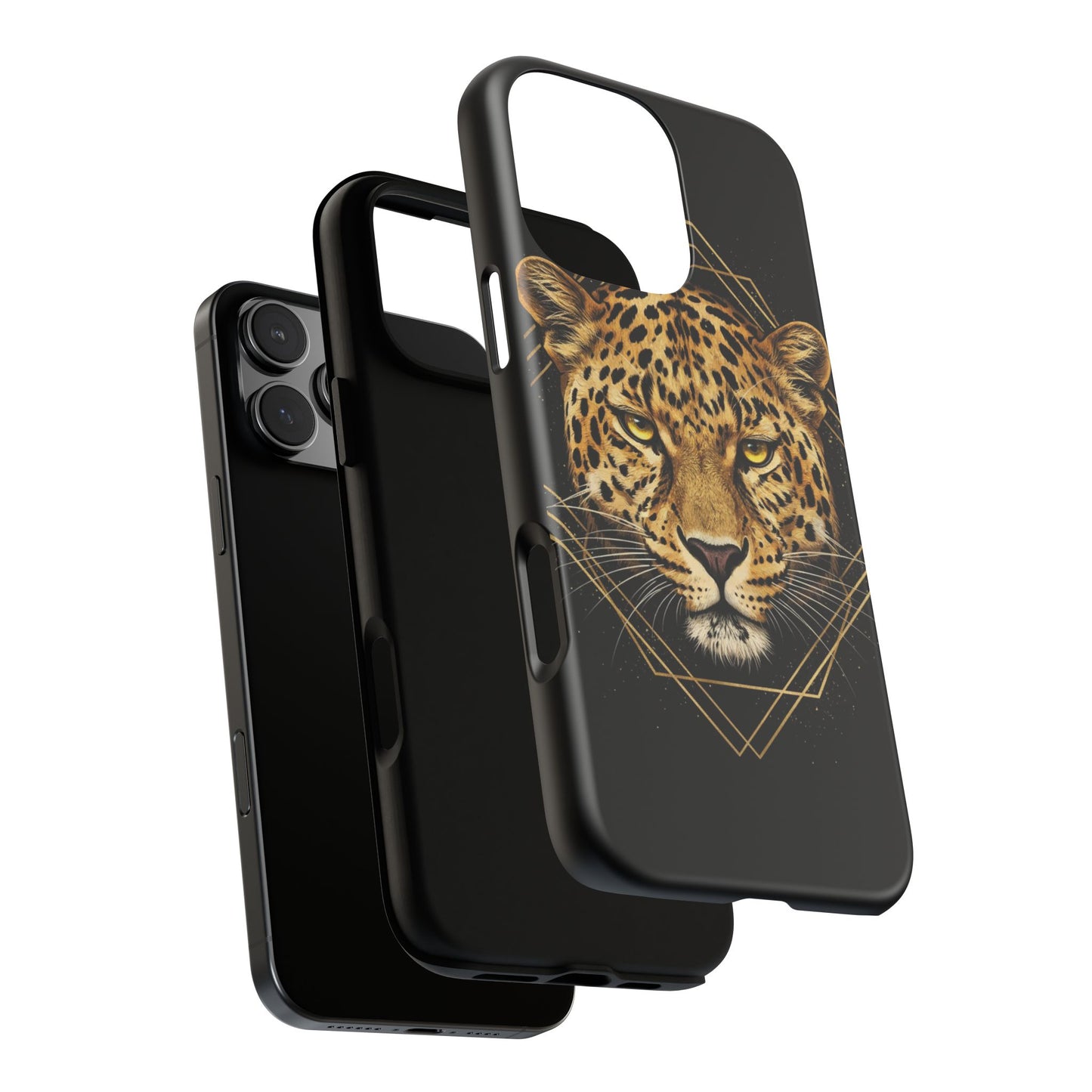 Leopard Head Geometric Phone Case – Black & Gold Luxe Tough Case