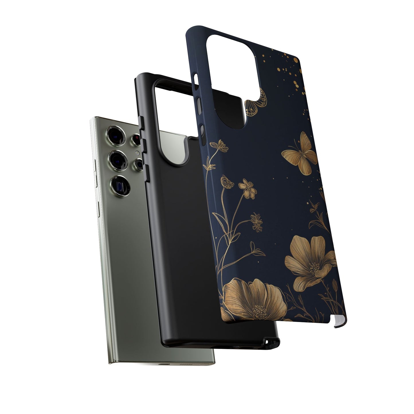 Gold Floral Butterfly Phone Case, Dark Aesthetic Botanical, Elegant Black Luxury iPhone Samsung Cover