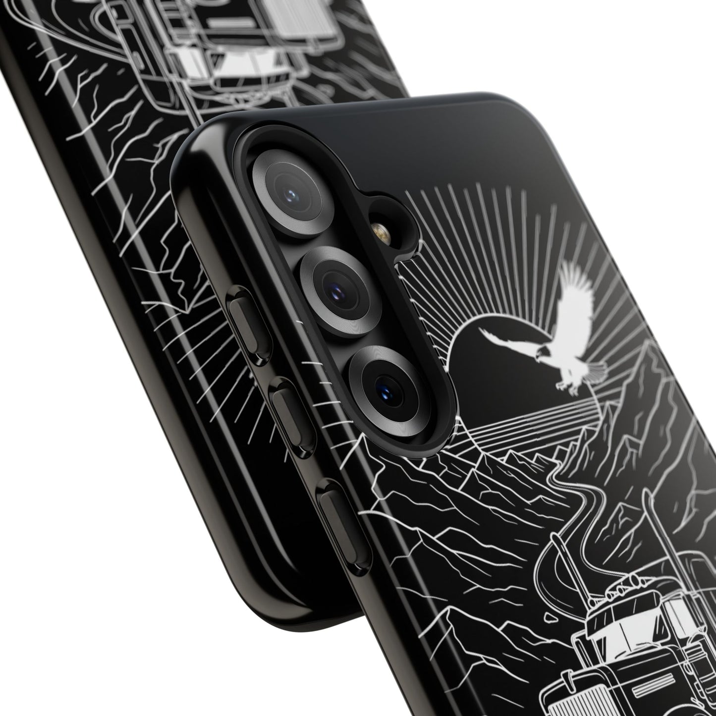 Trucker Highway Phone Case | Eagle & Mountain Line Art | Black Western Tough Case