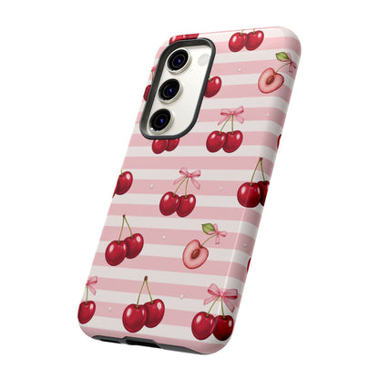 Coquette Cherry Bow Phone Case | Cute Pink Aesthetic Cherry Pattern Tough Case for iPhone & Samsung