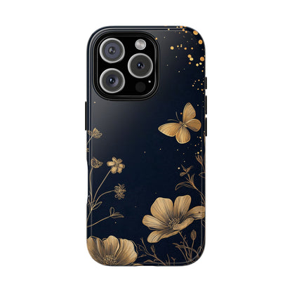 Gold Floral Butterfly Phone Case, Dark Aesthetic Botanical, Elegant Black Luxury iPhone Samsung Cover