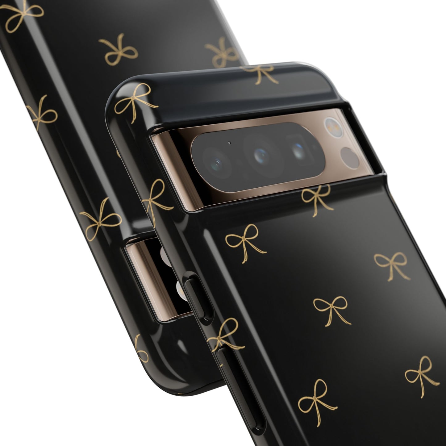Black Phone Case with Gold Bow Pattern – Slim Protective Cute Aesthetic Cover for Iphone, Samsung Galaxy and Pixel