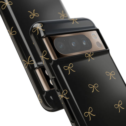 Black Phone Case with Gold Bow Pattern – Slim Protective Cute Aesthetic Cover for Iphone, Samsung Galaxy and Pixel