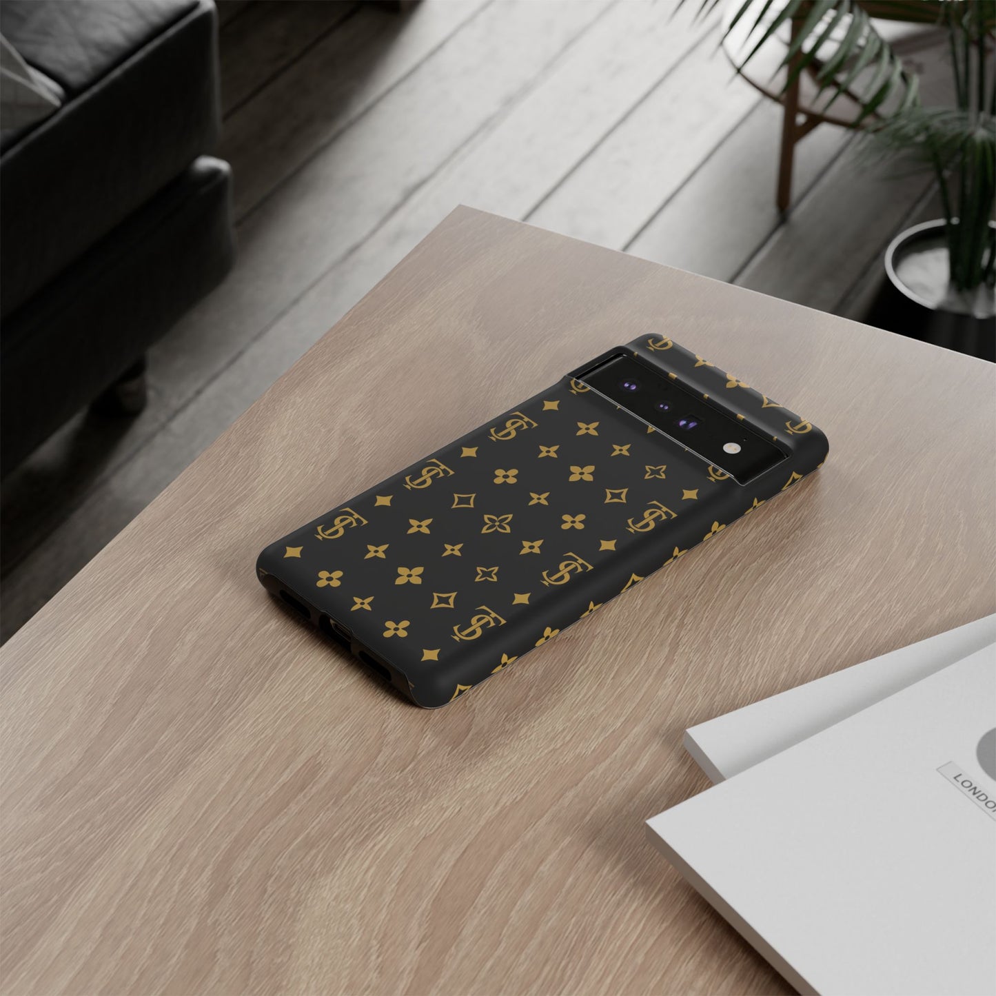 Gold Monogram Pattern Tough Phone Case | Black & Gold Luxury Design for Iphone, Samsung Galaxy and Pixel