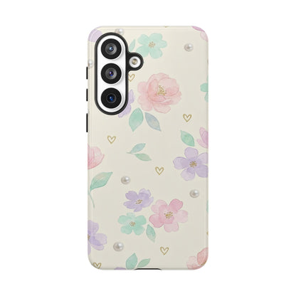 Pastel Floral Phone Case – Coquette Watercolor Flower Hearts Tough Case (iPhone, Samsung, Pixel)