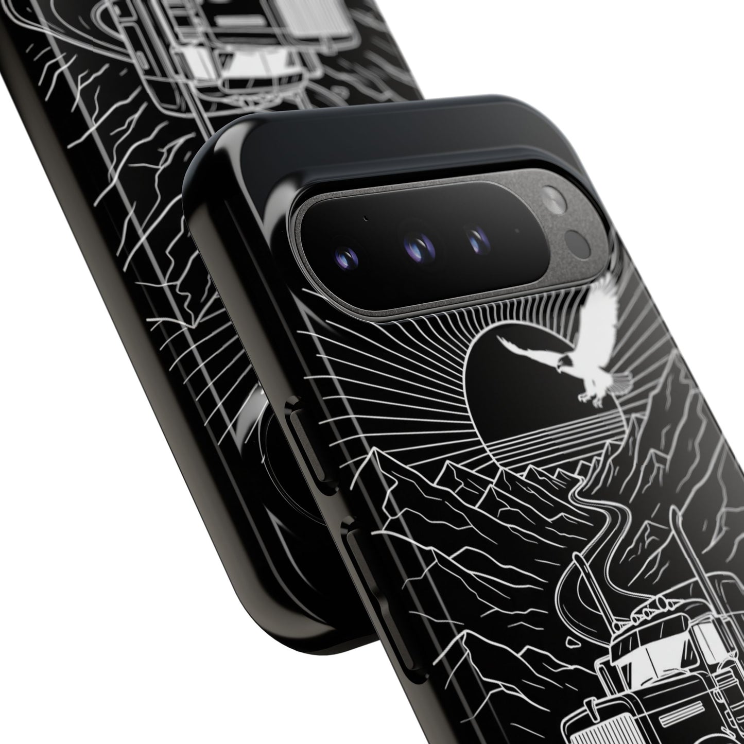 Trucker Highway Phone Case | Eagle & Mountain Line Art | Black Western Tough Case
