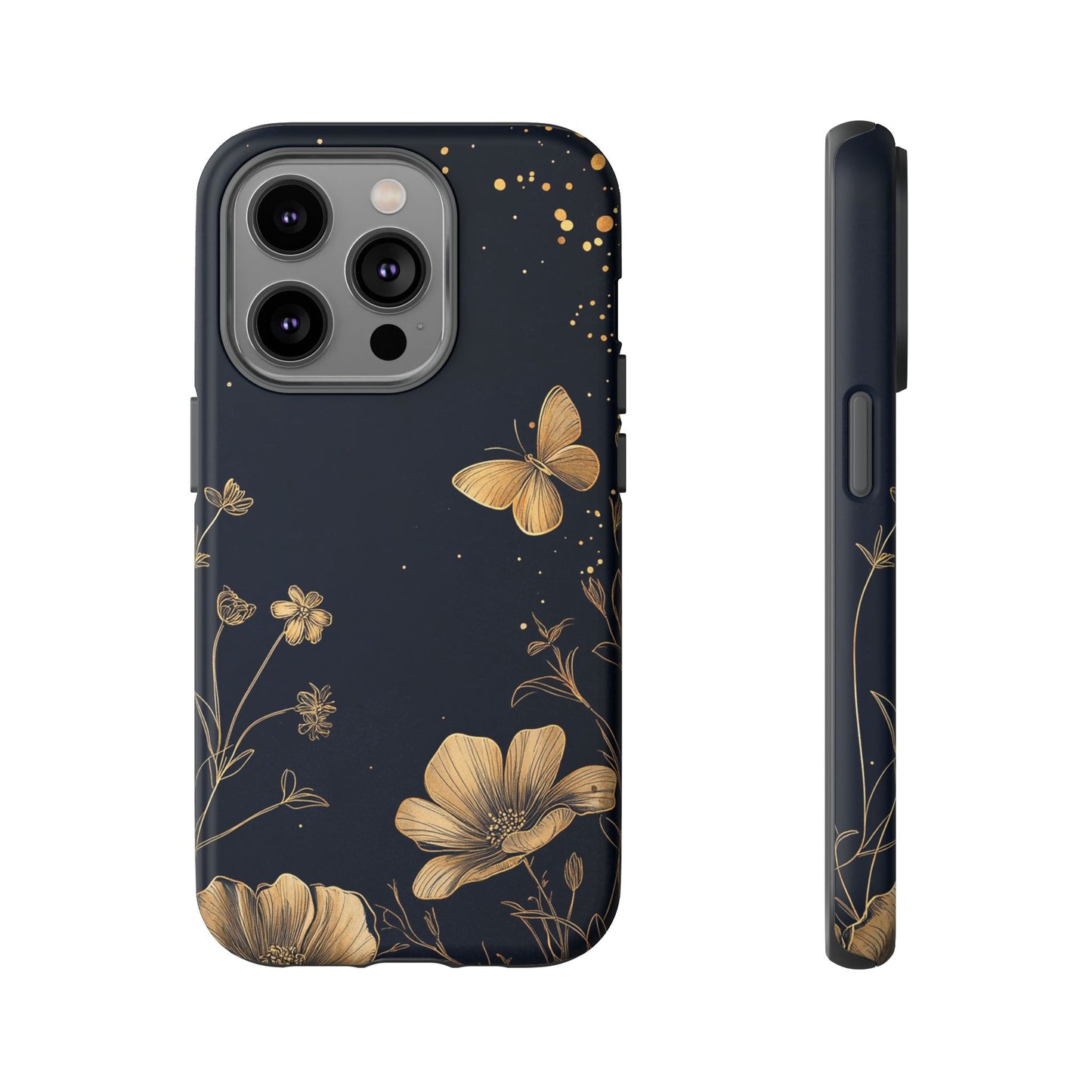 Gold Floral Butterfly Phone Case, Dark Aesthetic Botanical, Elegant Black Luxury iPhone Samsung Cover
