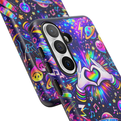 Rainbow Heart Hands Phone Case – Neon Galaxy EDM Festival Tough Cover