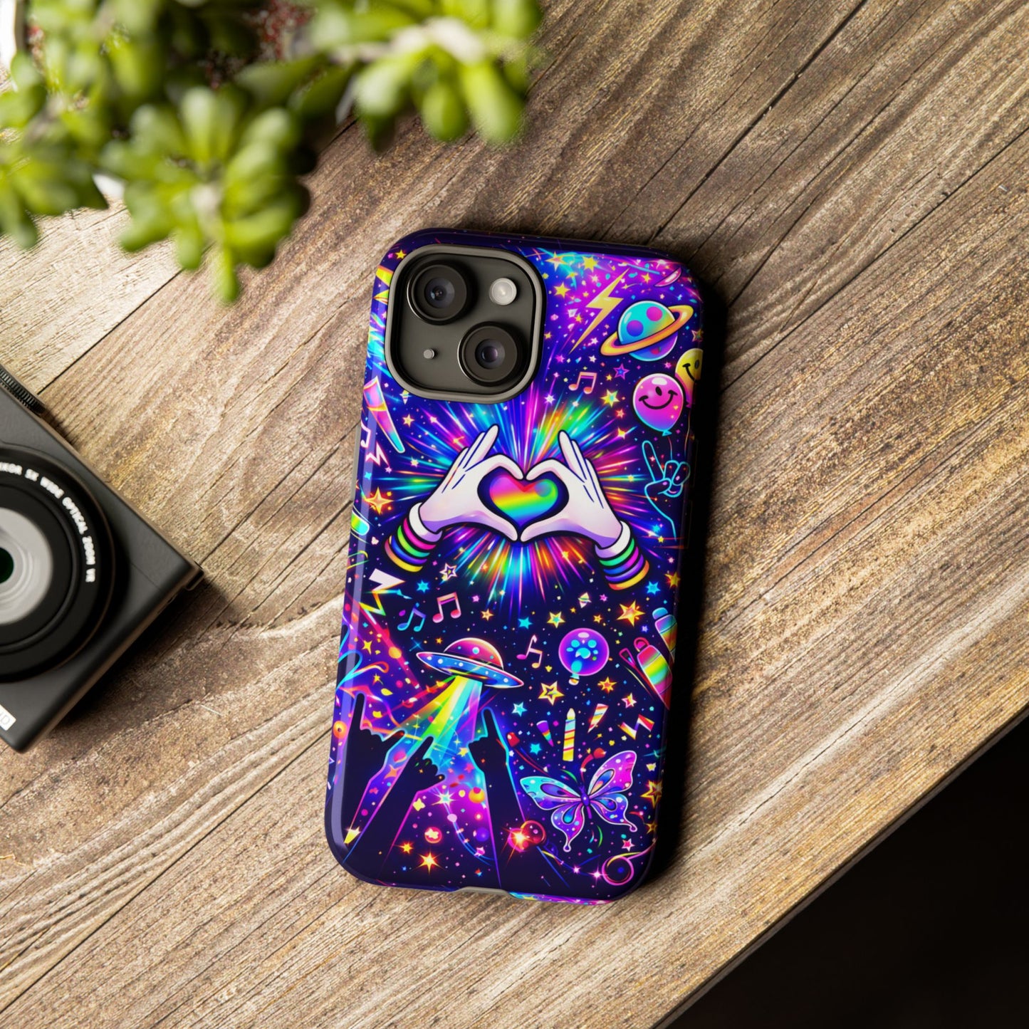 Rainbow Heart Hands Phone Case – Neon Galaxy EDM Festival Tough Cover