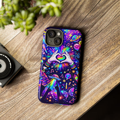 Rainbow Heart Hands Phone Case – Neon Galaxy EDM Festival Tough Cover