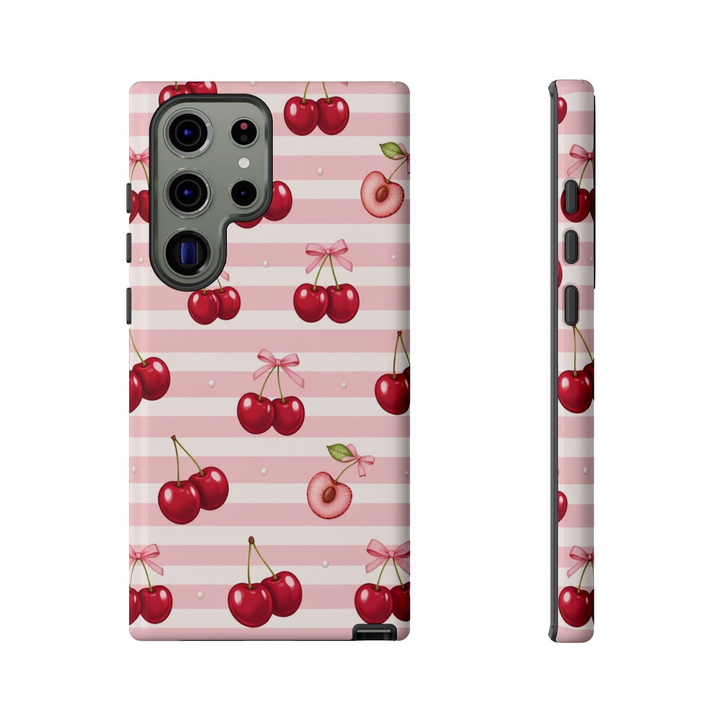 Coquette Cherry Bow Phone Case | Cute Pink Aesthetic Cherry Pattern Tough Case for iPhone & Samsung