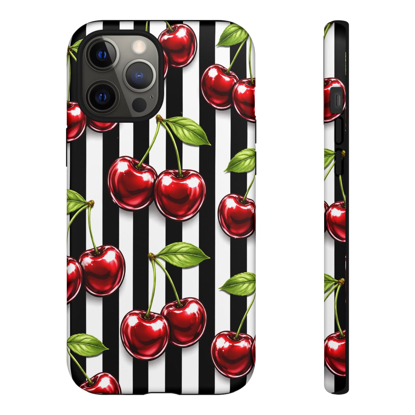 Cherry Pattern Phone Case Black White Stripe Retro Aesthetic Tough Cover