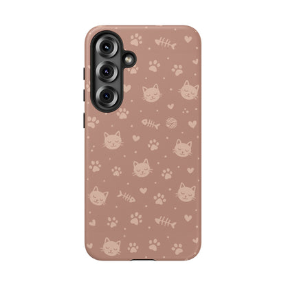 Cute Cat Pattern Phone Case | Paw Prints, Fishbone & Yarn Design Tough Case