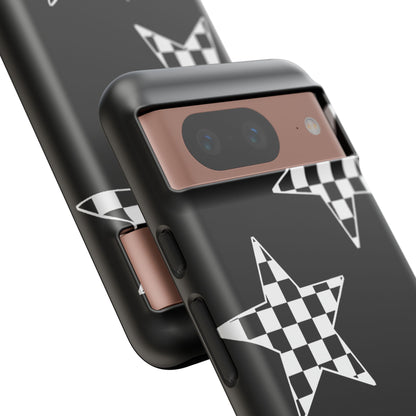 Checkered Star Tough Phone Case – Black Retro Graphic Protective Cover for Iphone, Samsung Galaxy and Pixel
