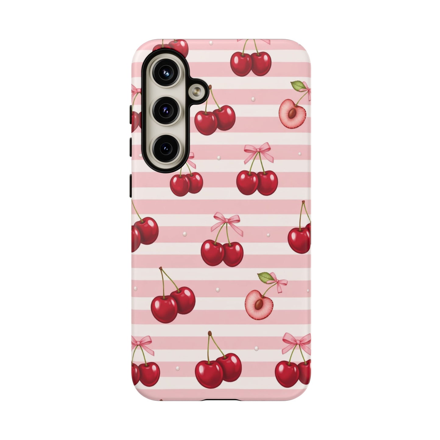 Coquette Cherry Bow Phone Case | Cute Pink Aesthetic Cherry Pattern Tough Case for iPhone & Samsung
