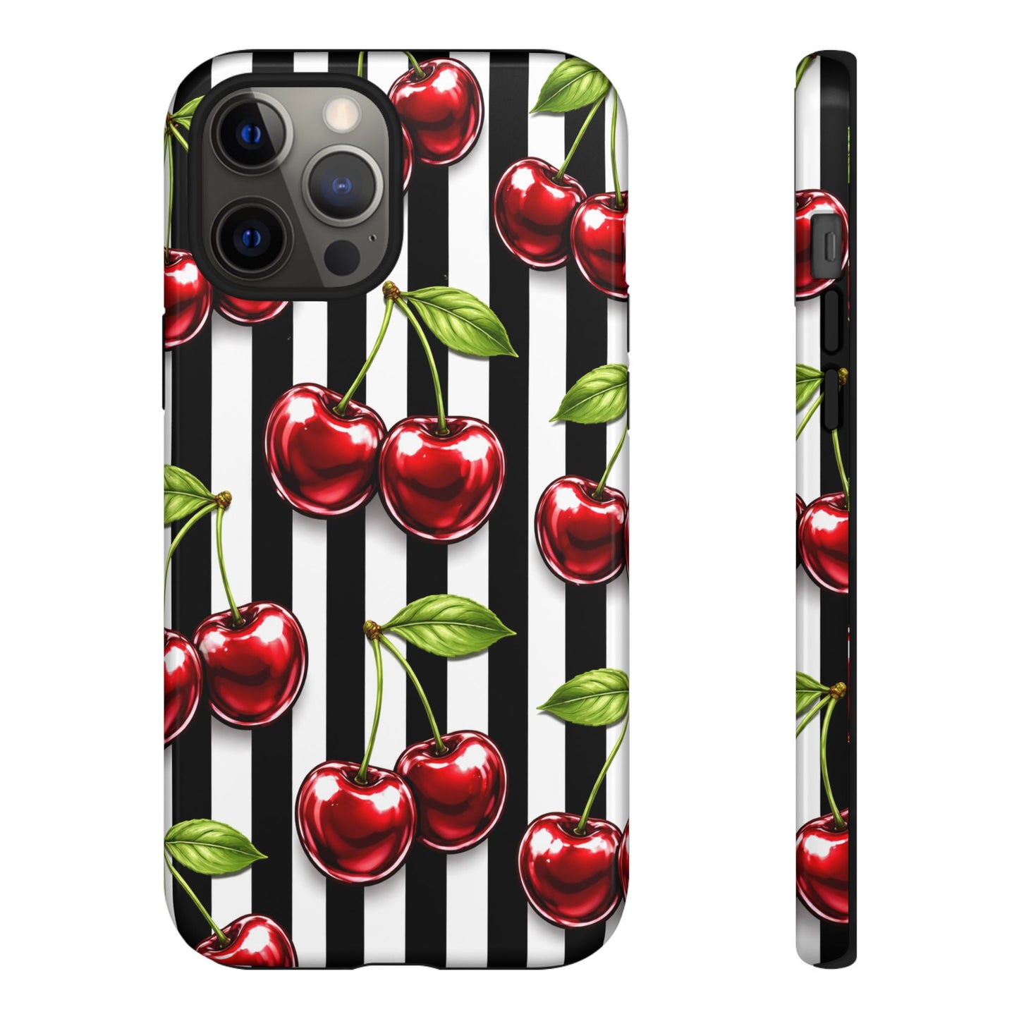 Cherry Pattern Phone Case Black White Stripe Retro Aesthetic Tough Cover