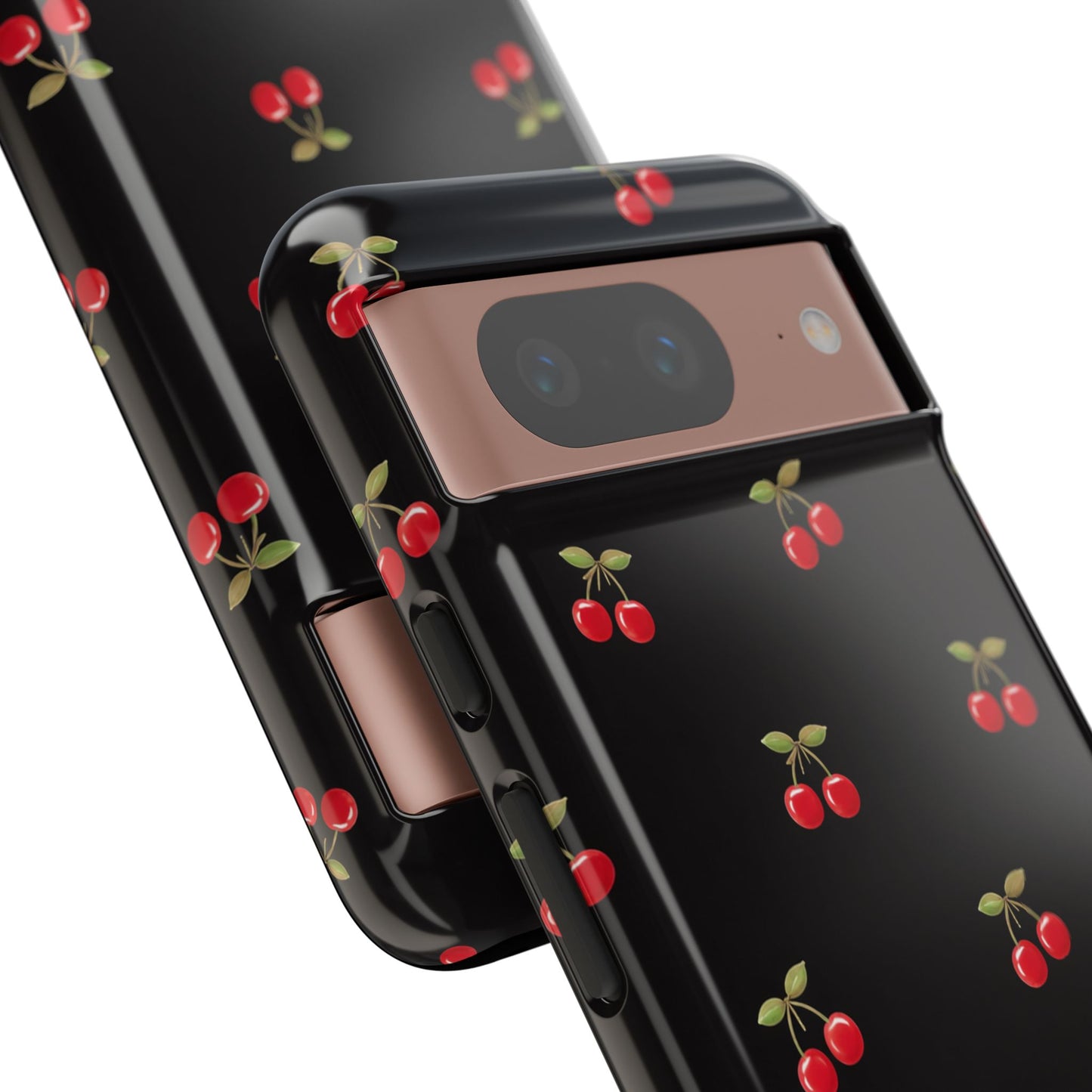 Cherry Pattern Phone Case — Slim Black Protective iPhone Case with Red Cherries for Iphone, Samsung Galaxy and Pixel