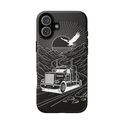 Trucker Highway Phone Case | Eagle & Mountain Line Art | Black Western Tough Case