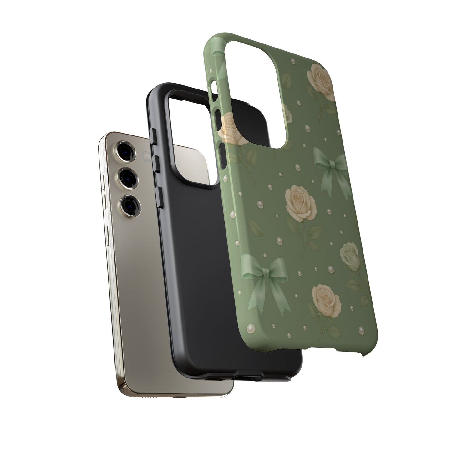 Vintage Rose Bow Phone Case – Sage Green Floral Coquette Aesthetic Tough Case (iPhone, Samsung, Pixel)