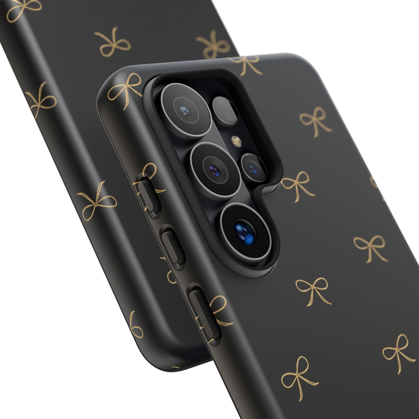 Black Phone Case with Gold Bow Pattern – Slim Protective Cute Aesthetic Cover for Iphone, Samsung Galaxy and Pixel