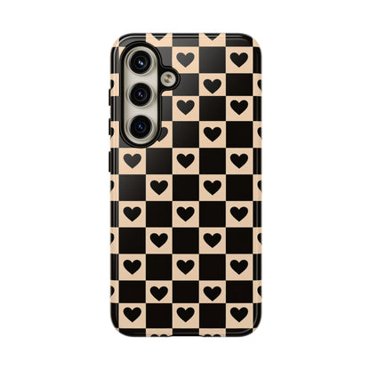 Checkerboard Heart Phone Case – Black & Beige Cute Aesthetic Protective Cover for Iphone, Samsung Galaxy and Pixel