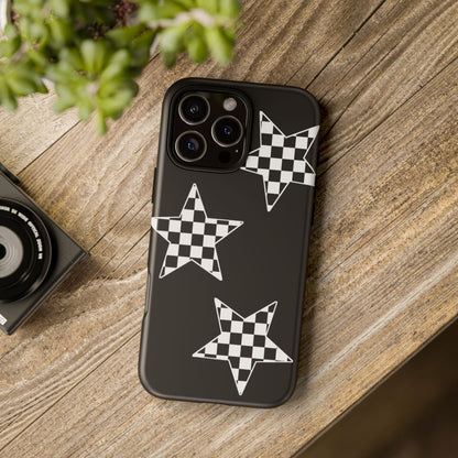 Checkered Star Tough Phone Case – Black Retro Graphic Protective Cover for Iphone, Samsung Galaxy and Pixel