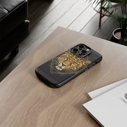 Leopard Head Geometric Phone Case – Black & Gold Luxe Tough Case