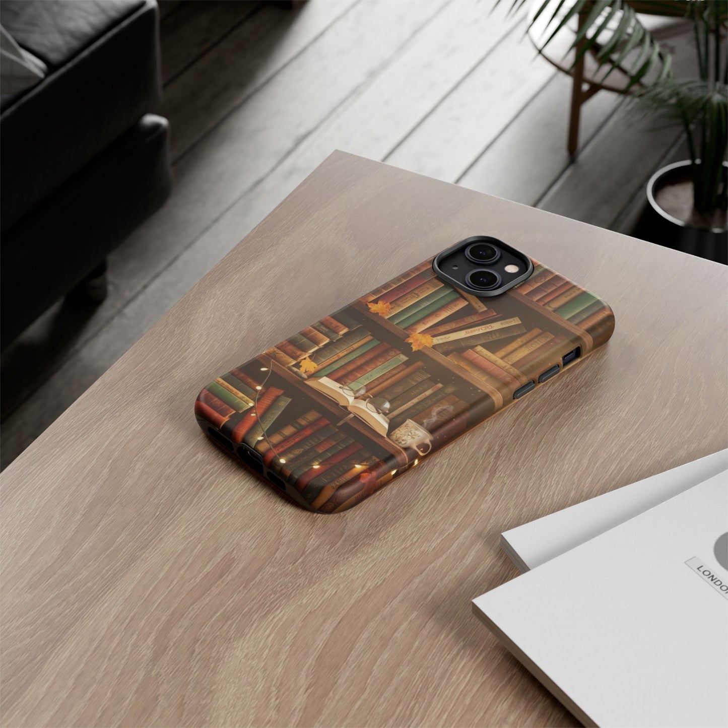 Cozy Vintage Bookshelf Phone Case, Library Aesthetic Book Stack, Autumn Coffee Vibes (iPhone, Samsung, Pixel)