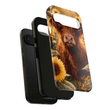 Highland Cow Sunflower Phone Case | Floral Farmhouse iPhone, Samsung Galaxy and Pixel Cover