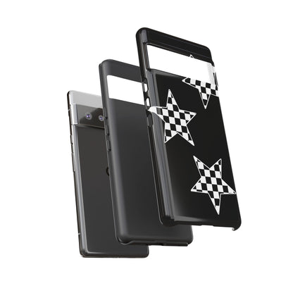 Checkered Star Tough Phone Case – Black Retro Graphic Protective Cover for Iphone, Samsung Galaxy and Pixel
