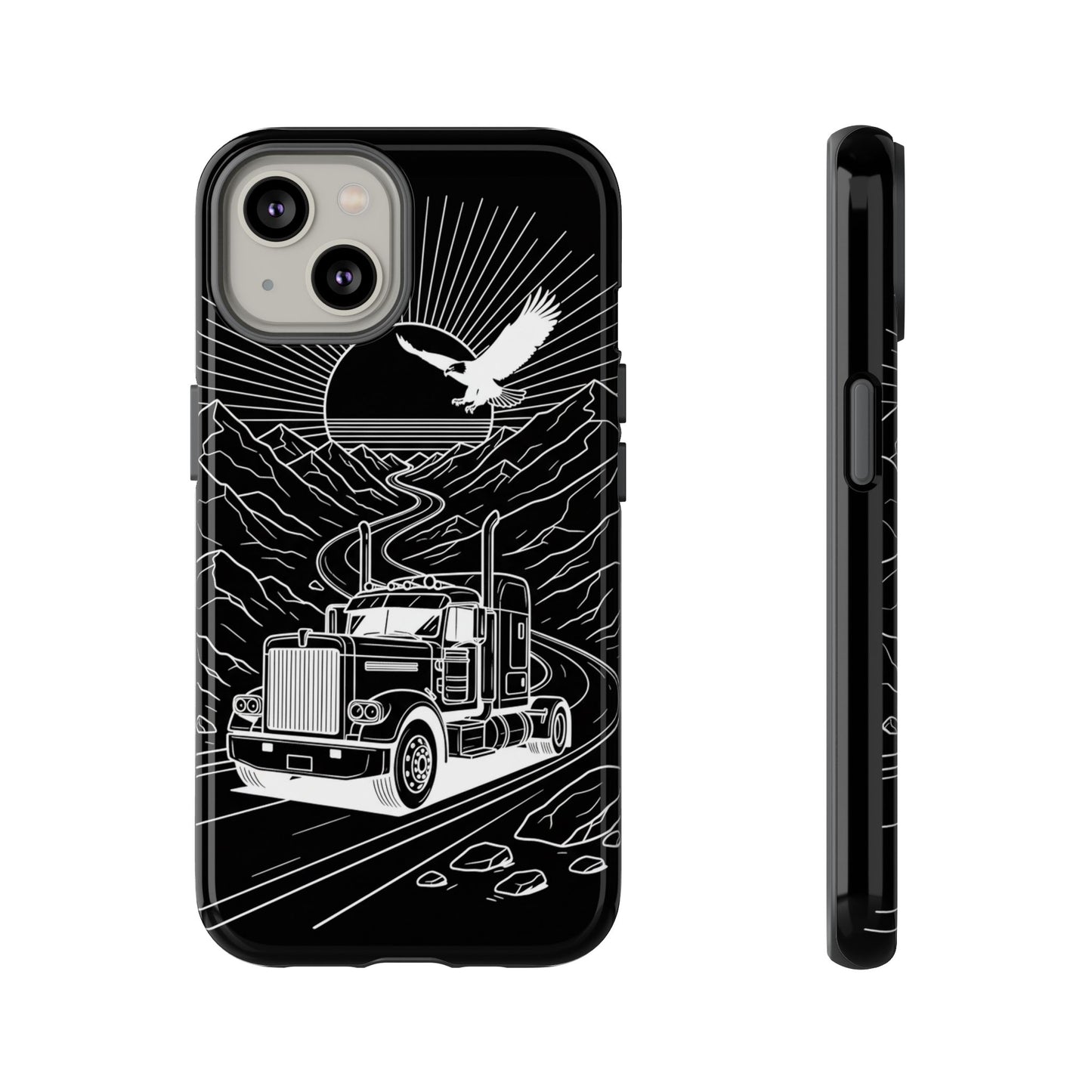 Trucker Highway Phone Case | Eagle & Mountain Line Art | Black Western Tough Case