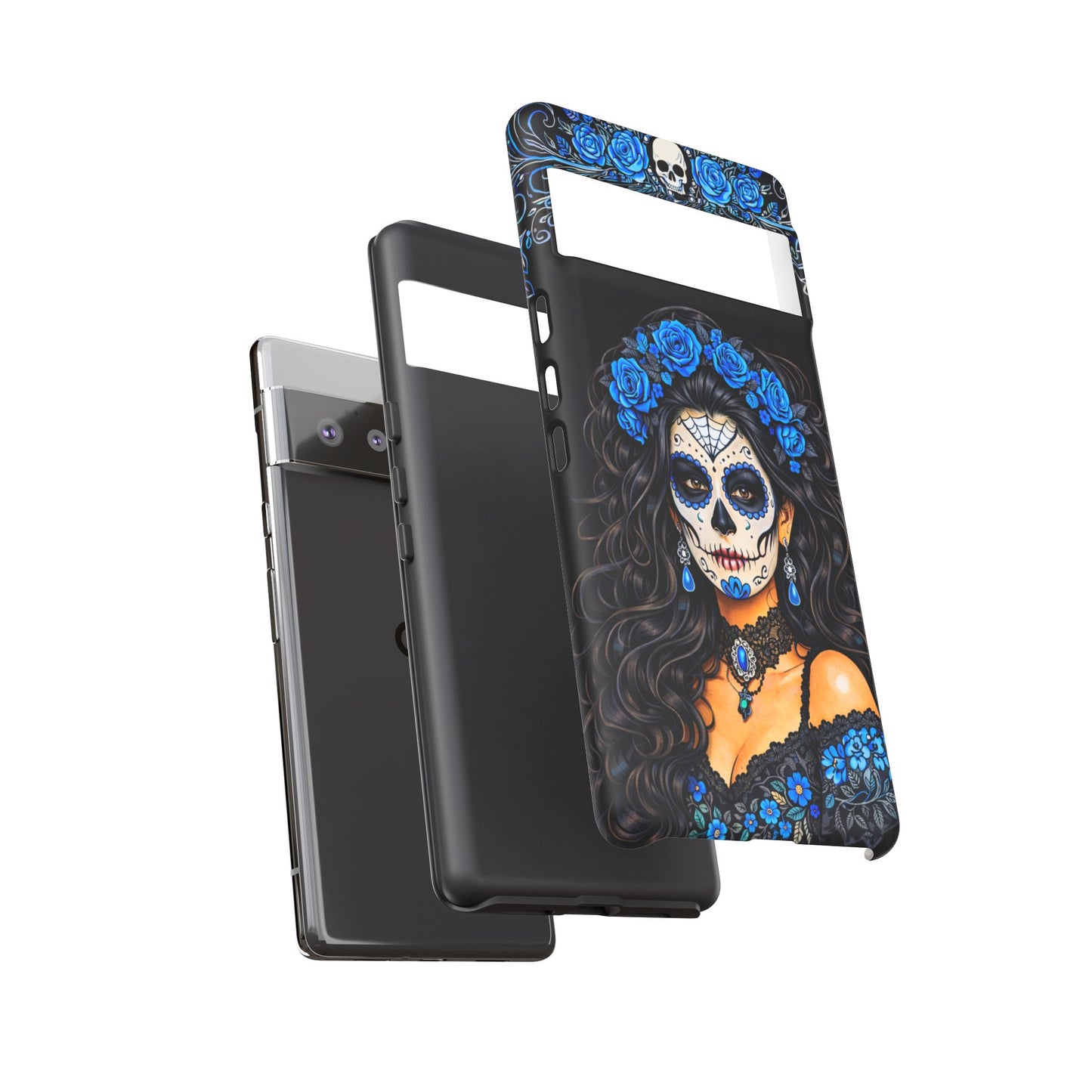 Blue Sugar Skull Woman Phone Case – Day of the Dead Aesthetic Tough Cover