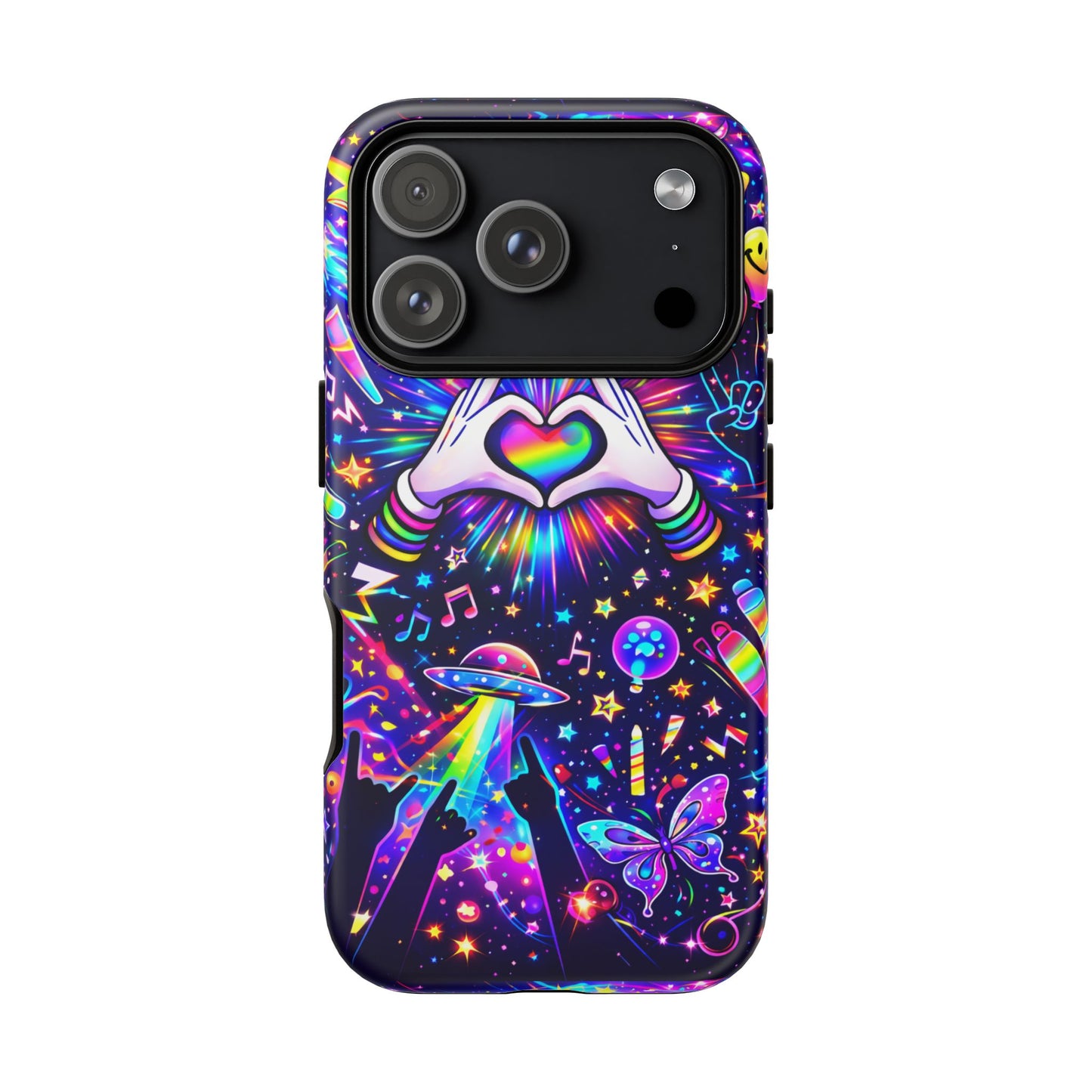 Rainbow Heart Hands Phone Case – Neon Galaxy EDM Festival Tough Cover