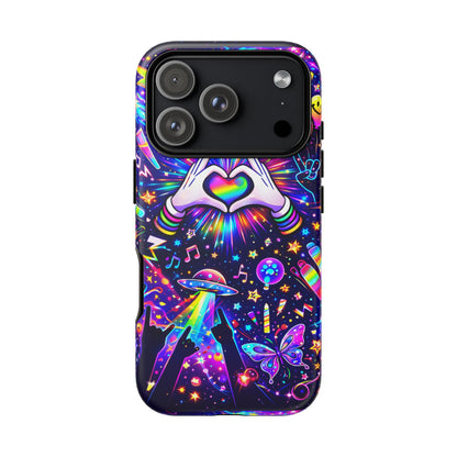 Rainbow Heart Hands Phone Case – Neon Galaxy EDM Festival Tough Cover