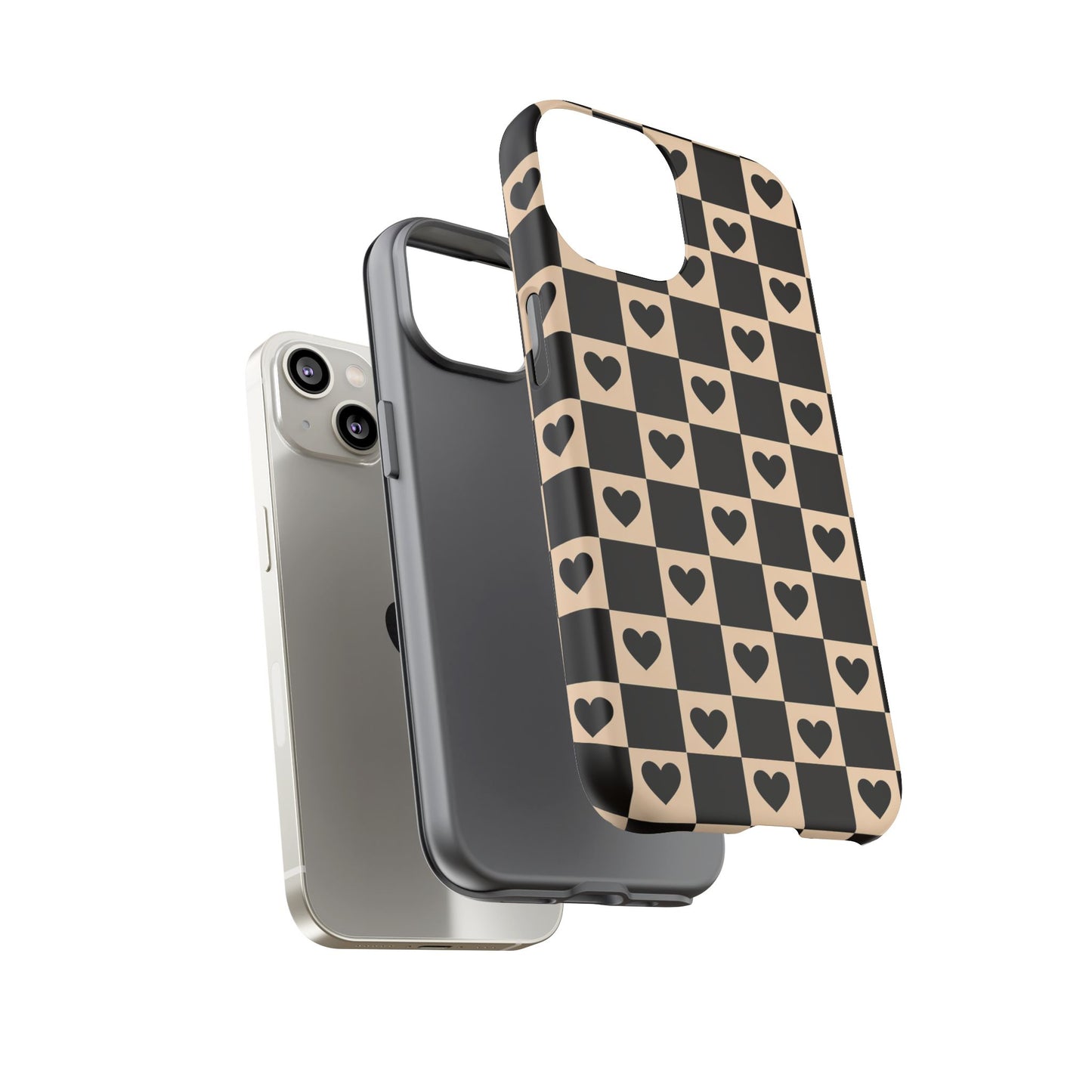 Checkerboard Heart Phone Case – Black & Beige Cute Aesthetic Protective Cover for Iphone, Samsung Galaxy and Pixel