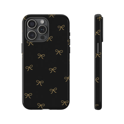 Black Phone Case with Gold Bow Pattern – Slim Protective Cute Aesthetic Cover for Iphone, Samsung Galaxy and Pixel