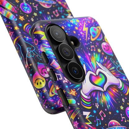 Rainbow Heart Hands Phone Case – Neon Galaxy EDM Festival Tough Cover