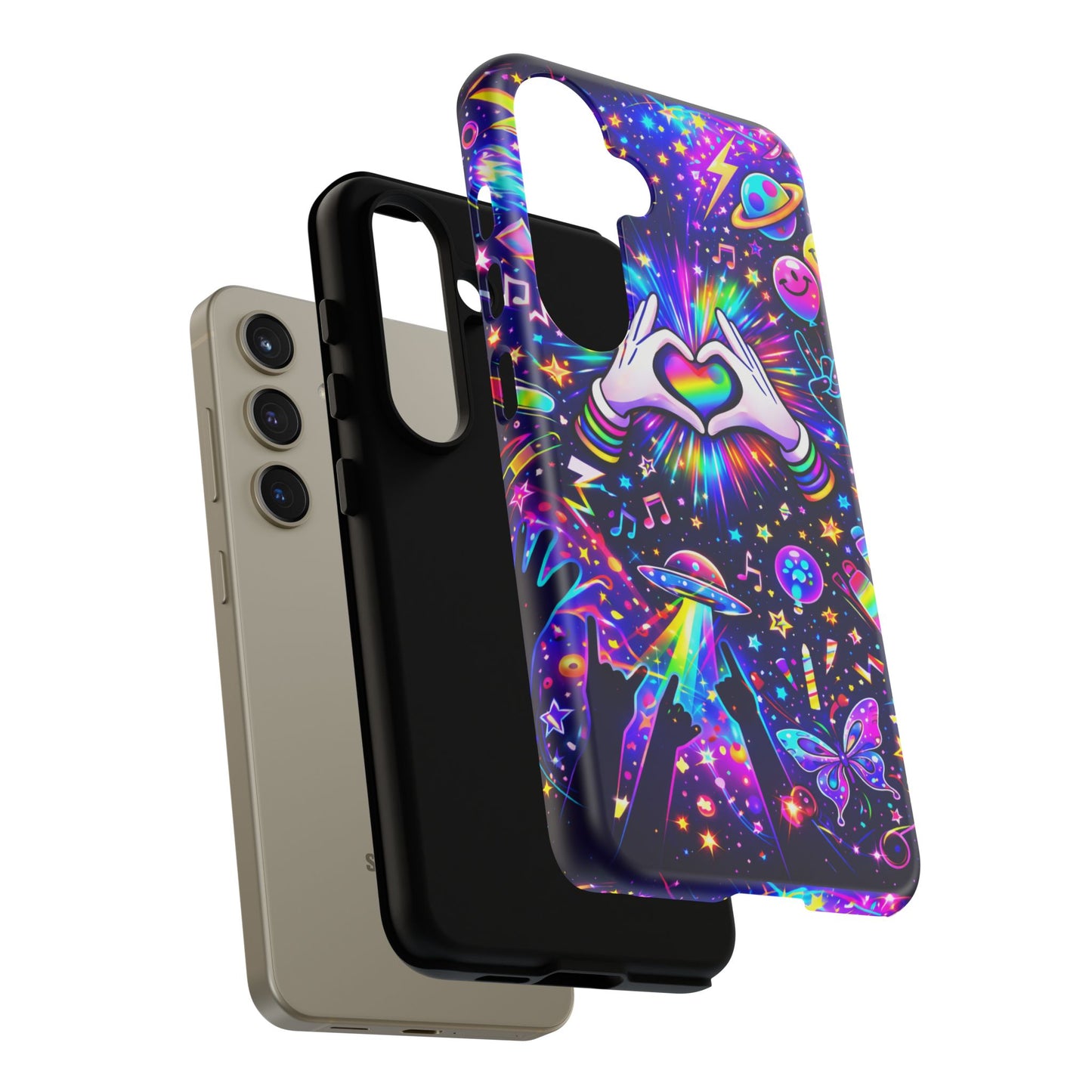 Rainbow Heart Hands Phone Case – Neon Galaxy EDM Festival Tough Cover