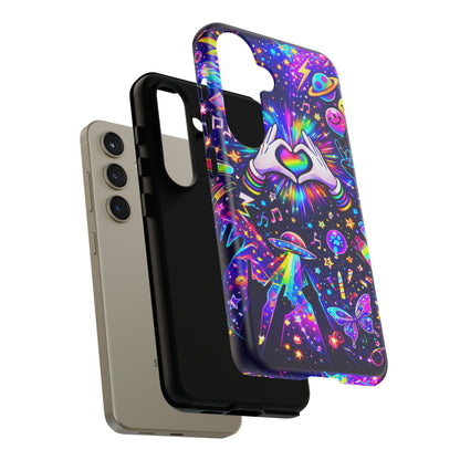Rainbow Heart Hands Phone Case – Neon Galaxy EDM Festival Tough Cover