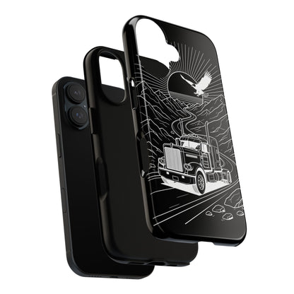 Trucker Highway Phone Case | Eagle & Mountain Line Art | Black Western Tough Case