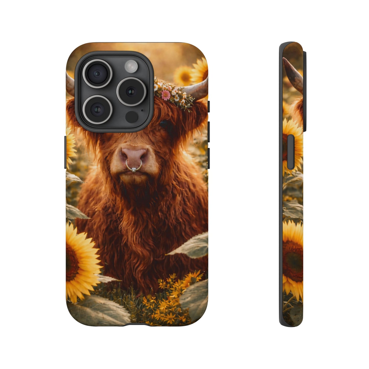 Highland Cow Sunflower Phone Case | Floral Farmhouse iPhone, Samsung Galaxy and Pixel Cover