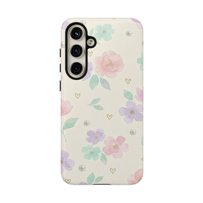Pastel Floral Phone Case – Coquette Watercolor Flower Hearts Tough Case (iPhone, Samsung, Pixel)